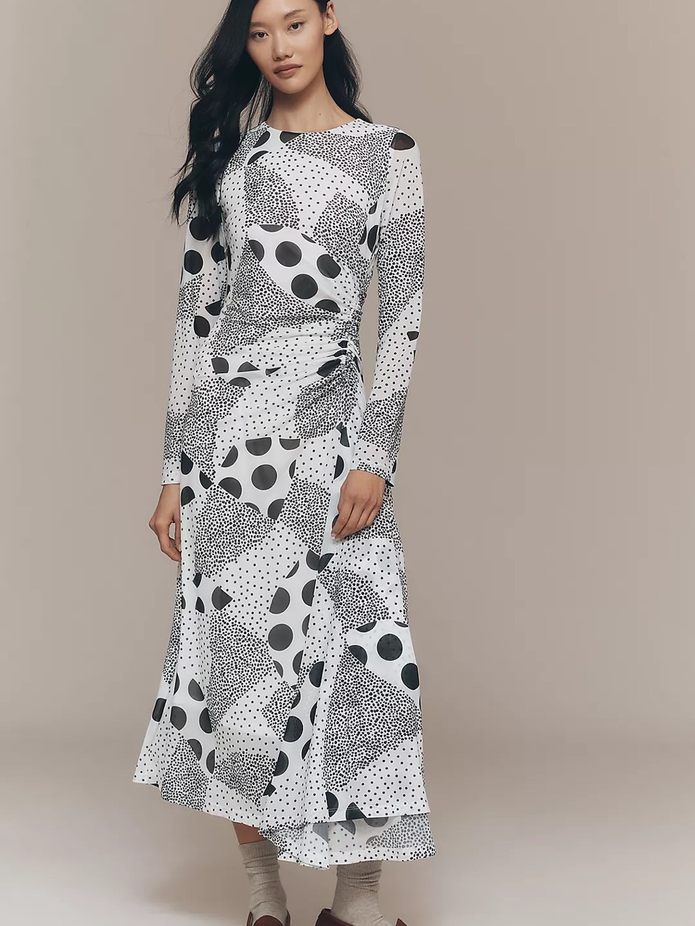 Anthropologie Long Sleeved Rushed Mesh Midi Dress